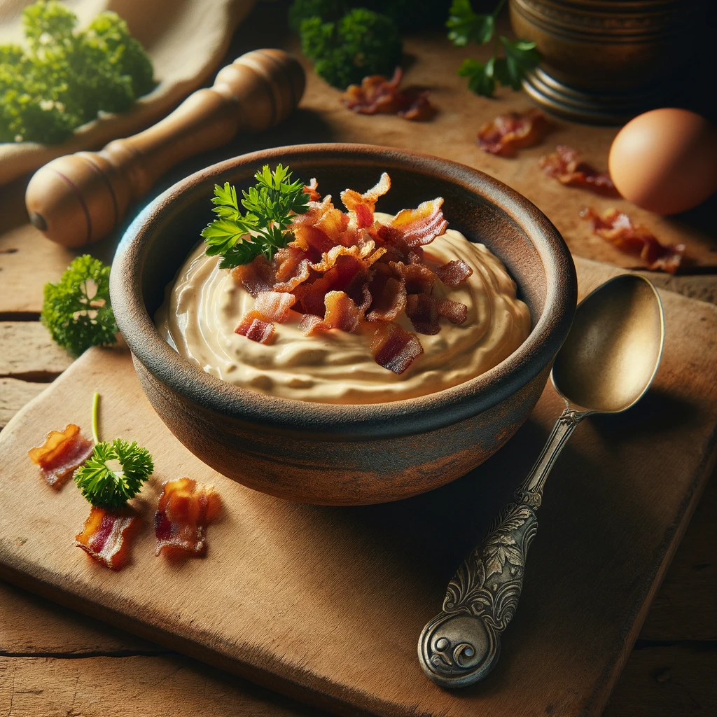 A creamy bowl of aioli garnished with crispy bacon bits and a sprig of parsley, served in a rustic ceramic bowl. The bowl sits on a wooden cutting board, accompanied by a vintage silver spoon.