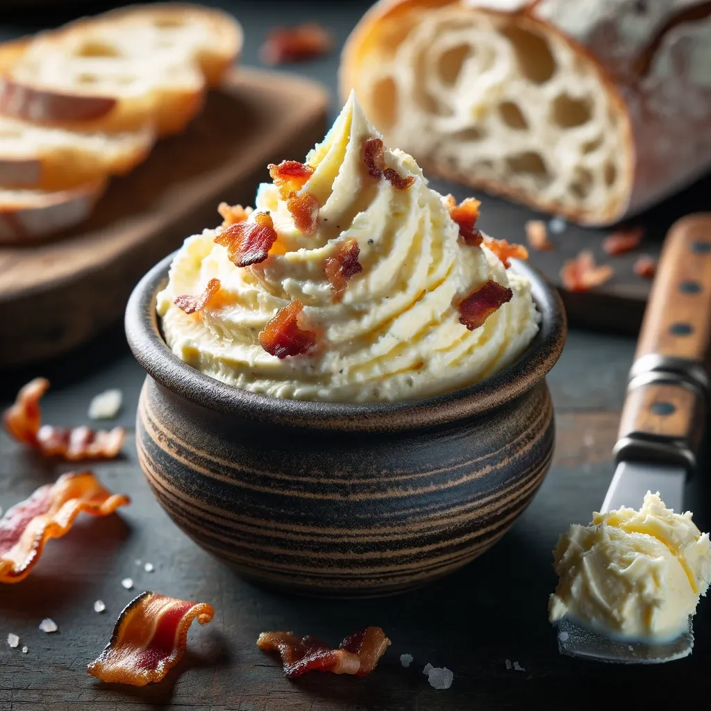  A ramekin filled with whipped butter bacon spread garnished with bacon pieces, accompanied by slices of crusty bread and a knife on a rustic wooden board with bacon crumbles.