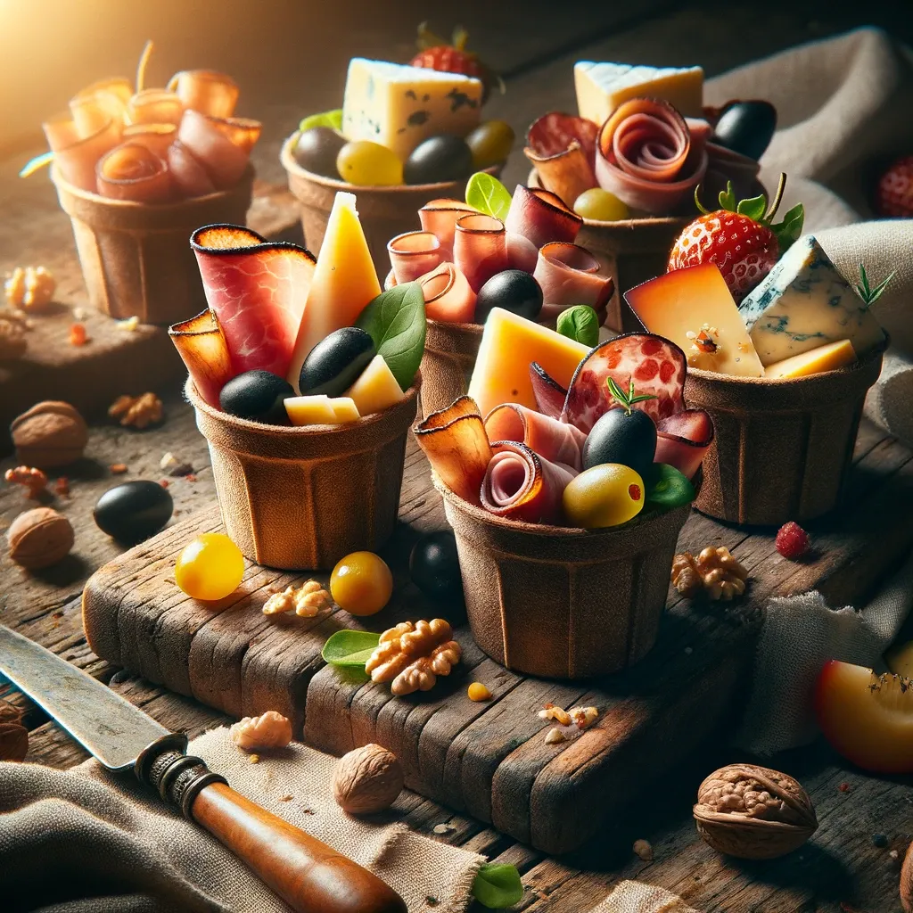 Charcuterie in cardboard cups displaying beautiful cheeses, meats and fruits on wooden boards