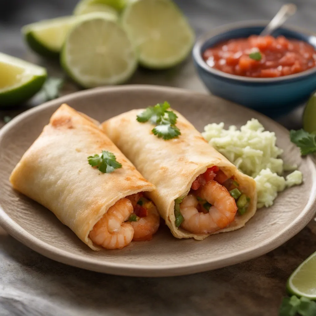 Two golden-brown shrimp chimichangas served on a plate with slaw, garnished with cilantro and salsa and lime wedges in the background.