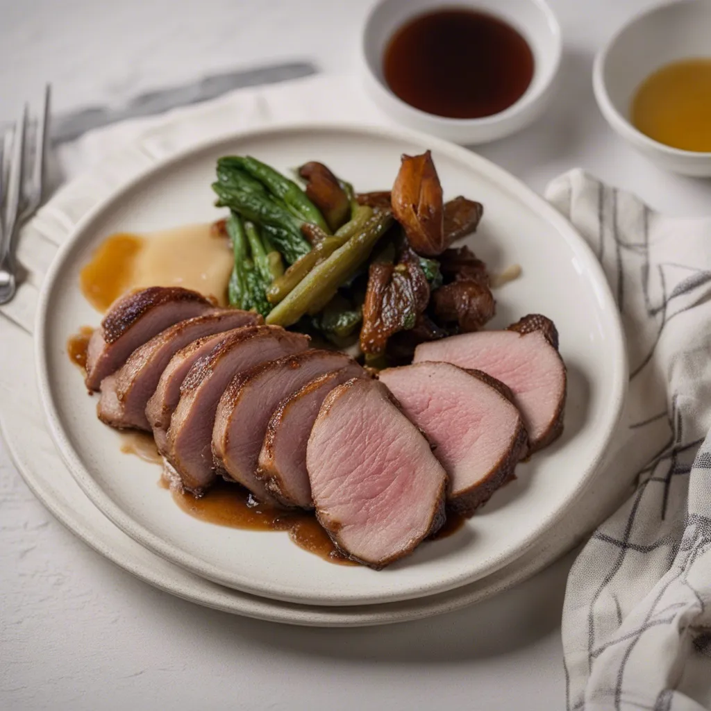 Juicy sliced duck breast served on a plate and garnished served with roasted vegetables.