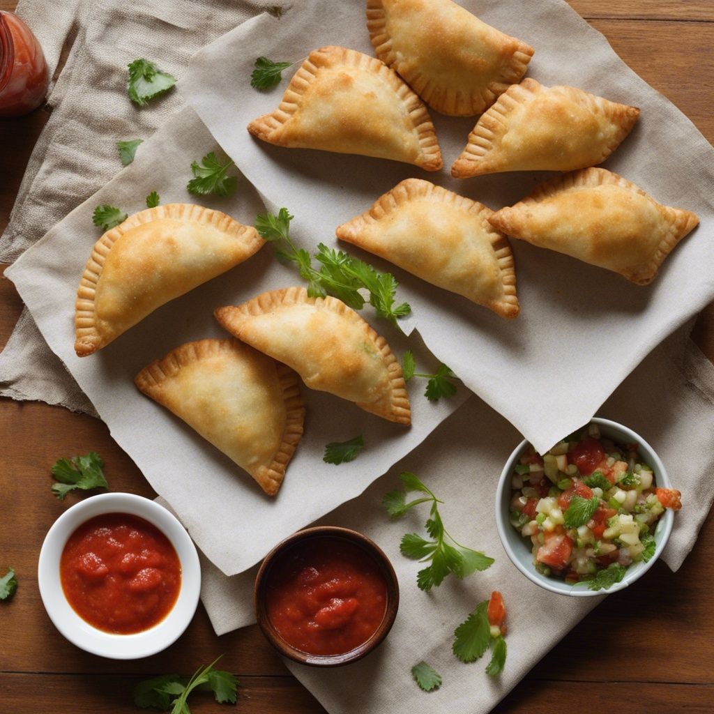 Shrimp empanadas on a baking sheet with cilantro around it and served with tomato based sauce and salsa.