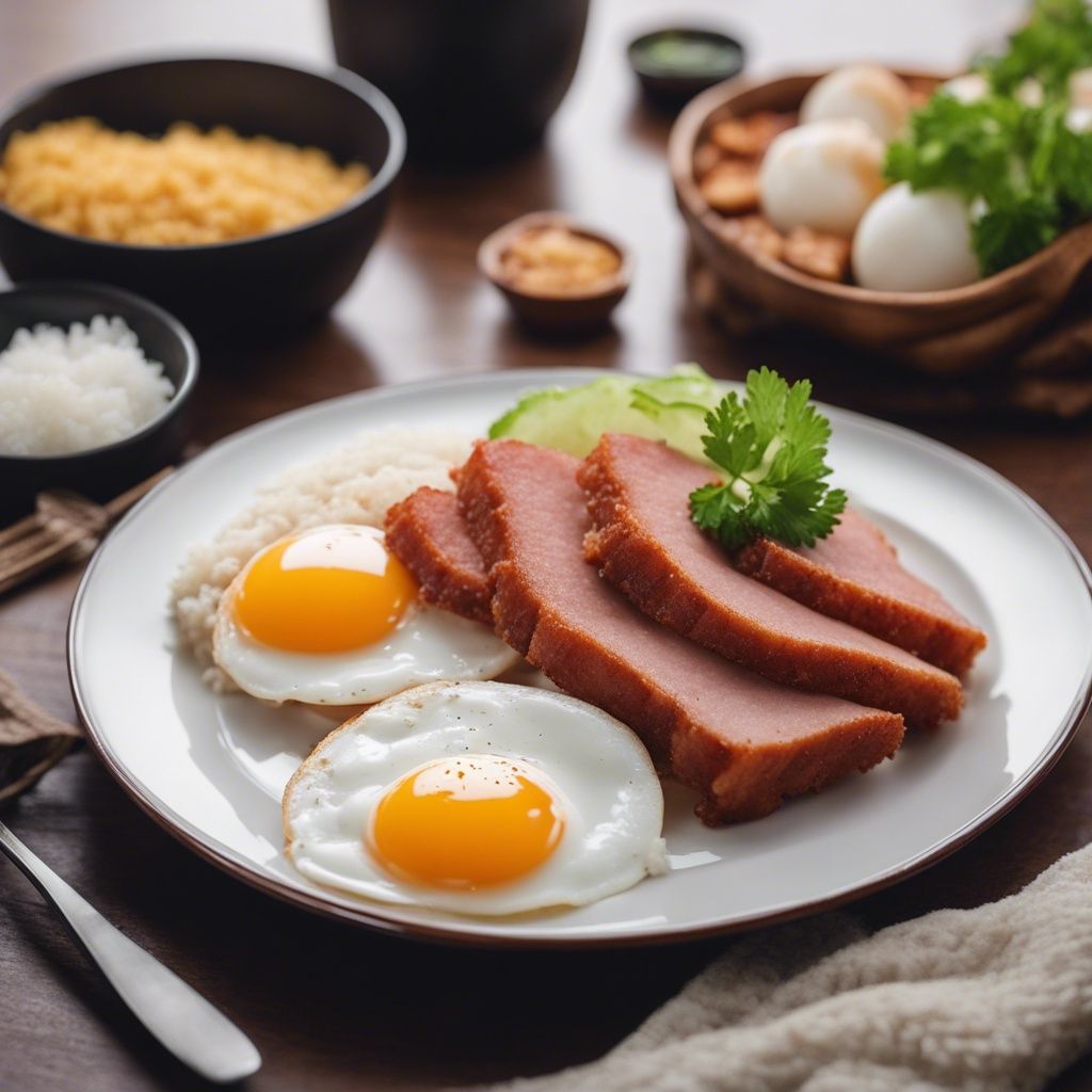 A hearty breakfast of fried spam, a sunny-side-up egg, and a mound of white rice.