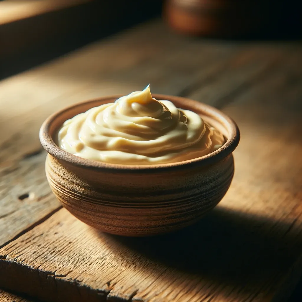 Creamy homemade mayonnaise from a side angle