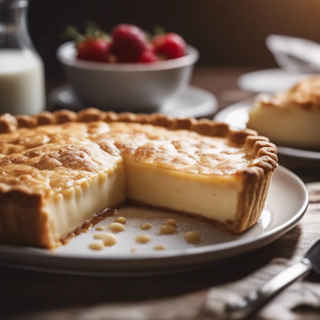 A beautifully baked milk pie; a portion has been cut, revealing a dense, creamy interior, typical of a classic milk pie. The dessert is presented on a ceramic plate and strawberries and milk sit in the background