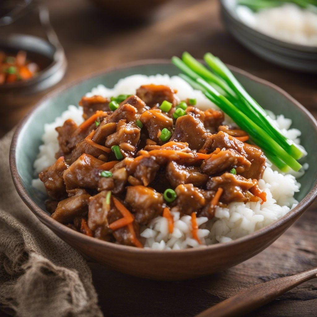 A bowl of beautifully cooked Mongolian chicken with a serving of white rice, garnished with finely chopped green onions and served with more whole fresh green onions.