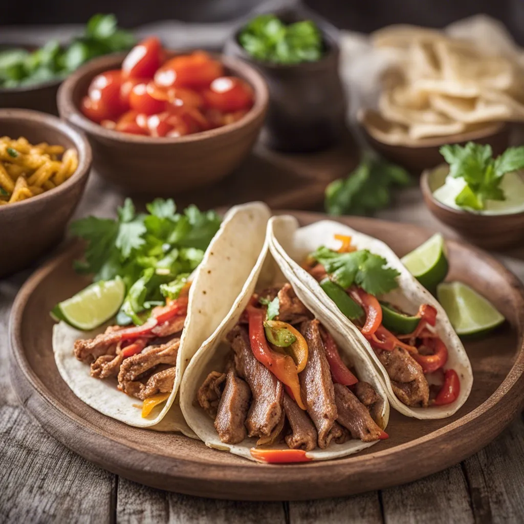 Pork fajitas with colourful grilled vegetables in a wrap garnished with parsley and served with lime and guacamole.