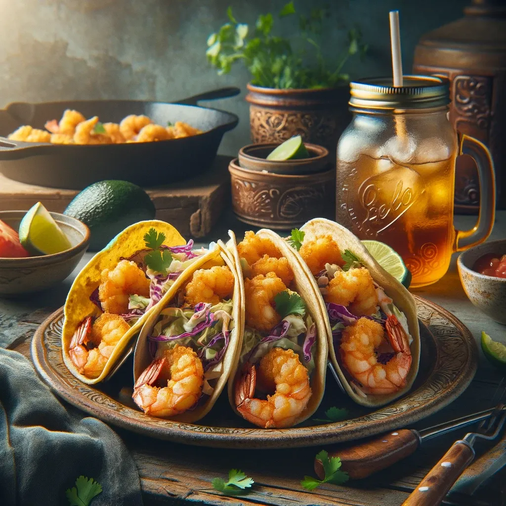 Four shrimp soft shell tacos served on a plate with fried shrimp in the background and ice tea.
