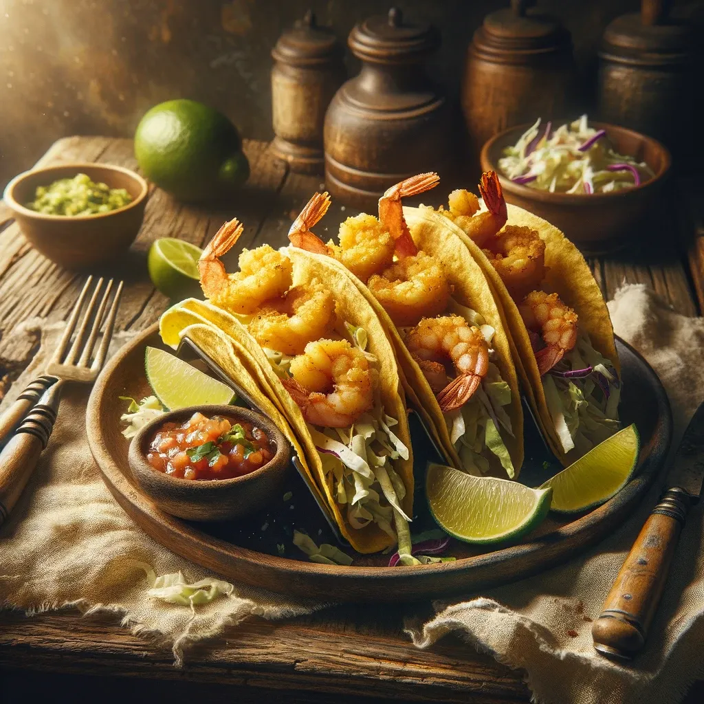 Hard shell tacos with coleslaw, topped with golden shrimp and served with salsa and limes.