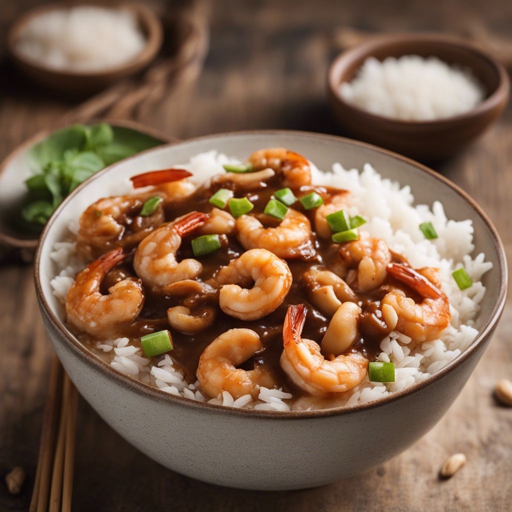 A close-up of cashew shrimp on a bed of fluffy white rice, served on a rustic plate. The plate sits on a textured fabric, and the meal is accented with fresh herbs.