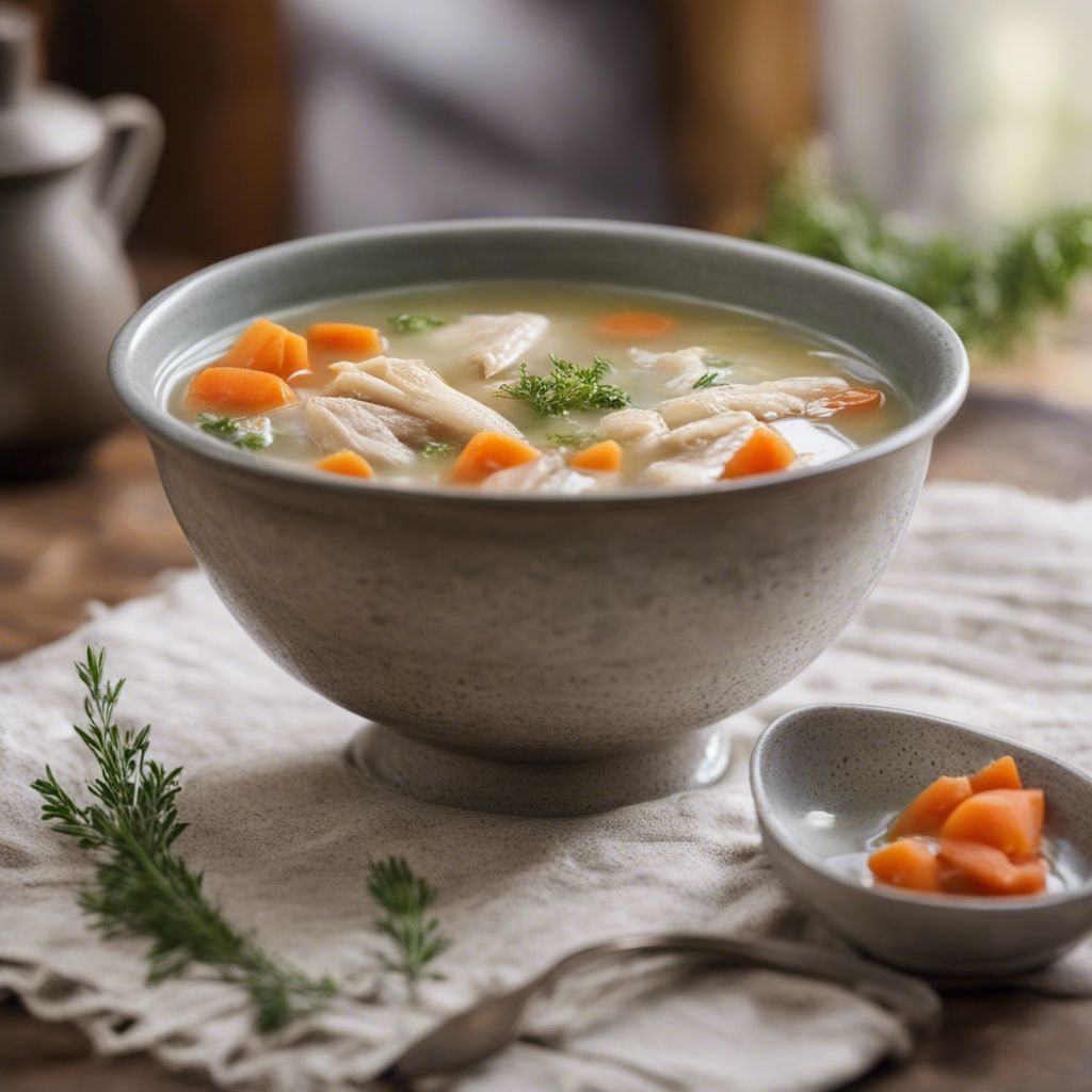 A comforting bowl of Stellini Soup, steaming hot and filled with chicken and a variety of diced vegetables.