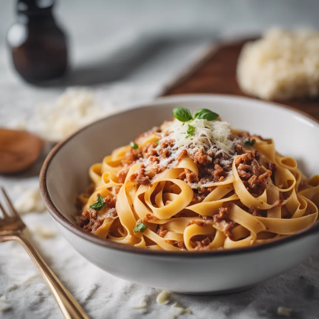 A bowl of freshly cooked tagliatelle bolognese garnished with cheese and basil