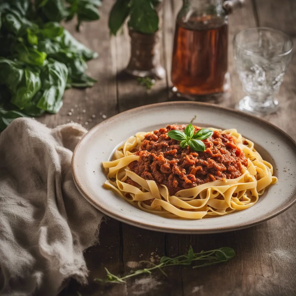 A bowl of tagliatelle bolognese without cheese to expose all the hearty meat in the bolognese, garnished with basil